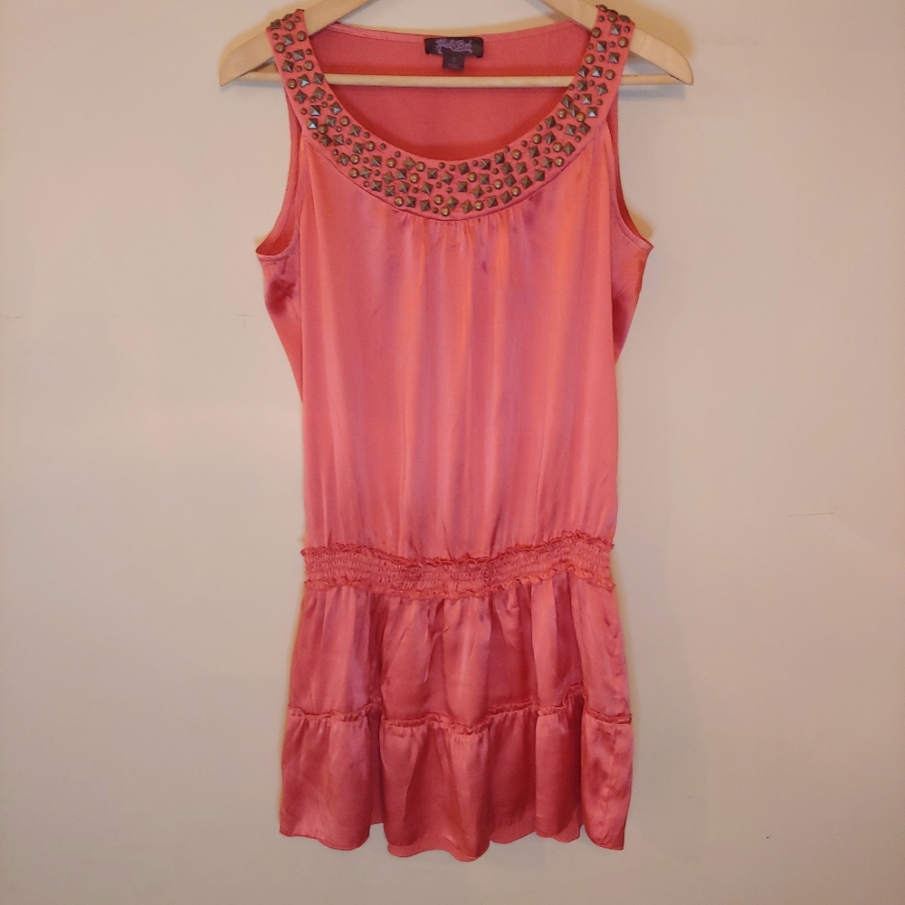 Hale Bob Silk Coral Studded Smock Drop Waist Mini Dress, Size S